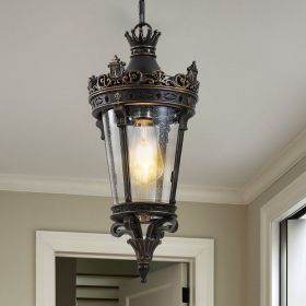 Antique Crown Outdoor Hanging Lantern, Waterproof Vintage Pendant Light with Ornate Metal Design and Clear Glass for Patio, Garden, Porch (Color: as Pic)